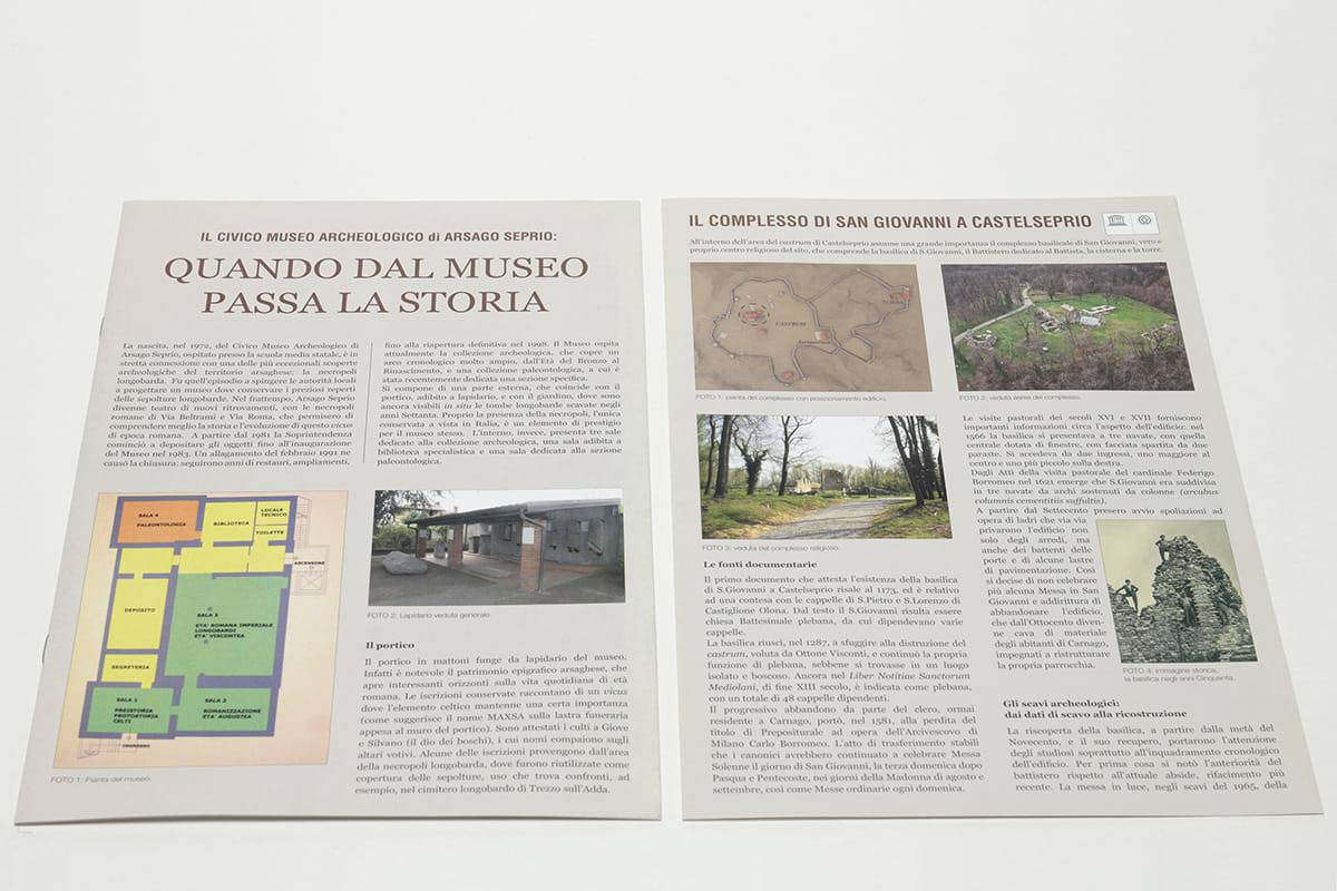 scatti fotografici, composizione grafica e stampa depliant parco archelogico e antiquarium di castelseprio