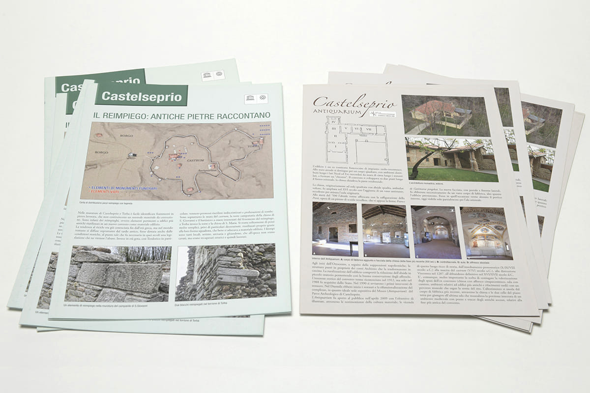 scatti fotografici, composizione grafica e stampa depliant parco archelogico e antiquarium di castelseprio